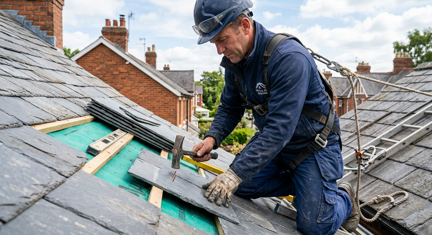A First Choice roofer laying new slate tiles on a pitched roof